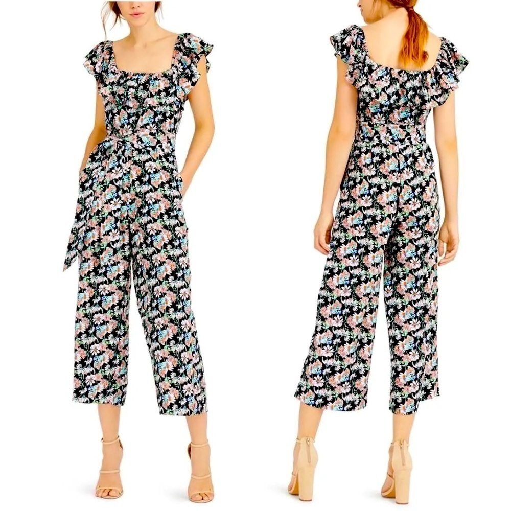 NWT Sam Edelman Black Floral Ruffle Sleeve Wide Leg Cropped Jumpsuit 14
